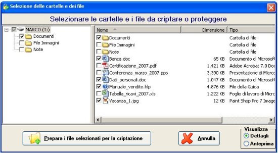 Schermata di PenProtect in cui si ha la possibilità di selezionare i file presenti all'interno della propria Pen Drive o Flash Memory.