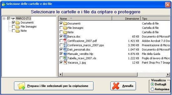 Schermata di PenProtect in cui si ha la possibilità di selezionare i file da proteggere che sono presenti all'interno della propria Pen Drive o Flash Memory