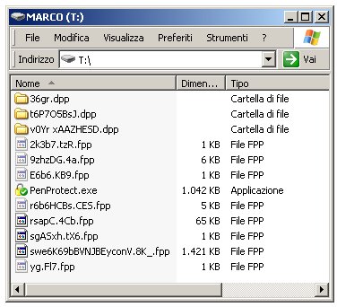 Esempio di come PenProtect cripta i nomi dei file o delle cartelle presenti all'interno della propria Pen Drive o Flash Memory