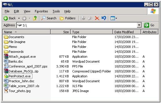 List of files in your Flash Drive, Pen Drive or Flash Memory. There is also the penprotect.exe file with the icon in the shape of a padlock.